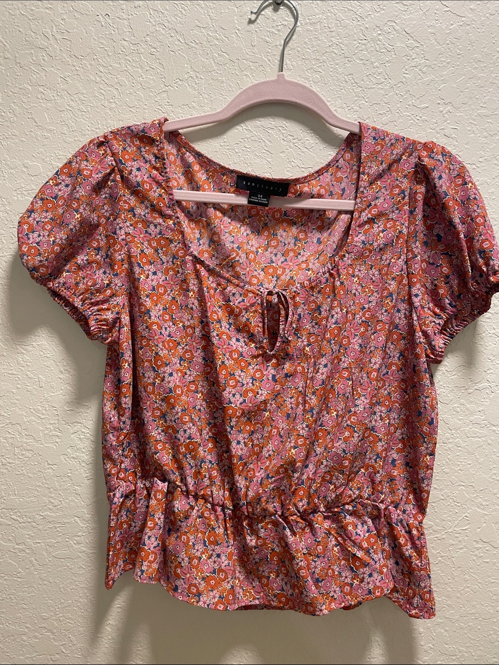 Madewell Pink and Orange Floral Tie-Front Puff Sleeve Blouse